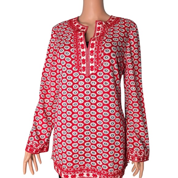 Tory Burch Tops - Tory Burch Red White Daisy Floral Embroidered Split Neck Tunic Top Size 10